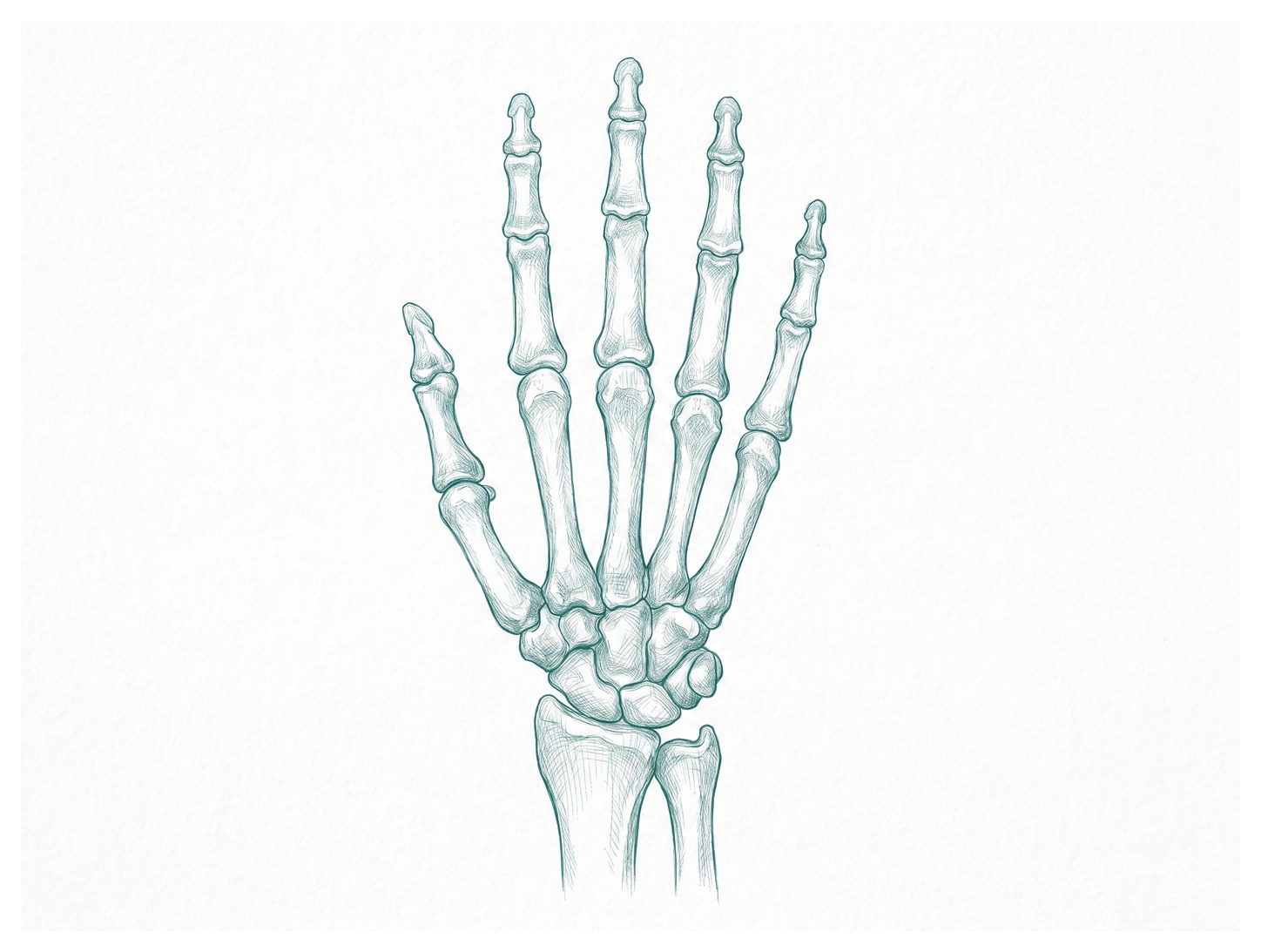 Ilustracja anatomiczna ręki – kości śródręcza i paliczki palców