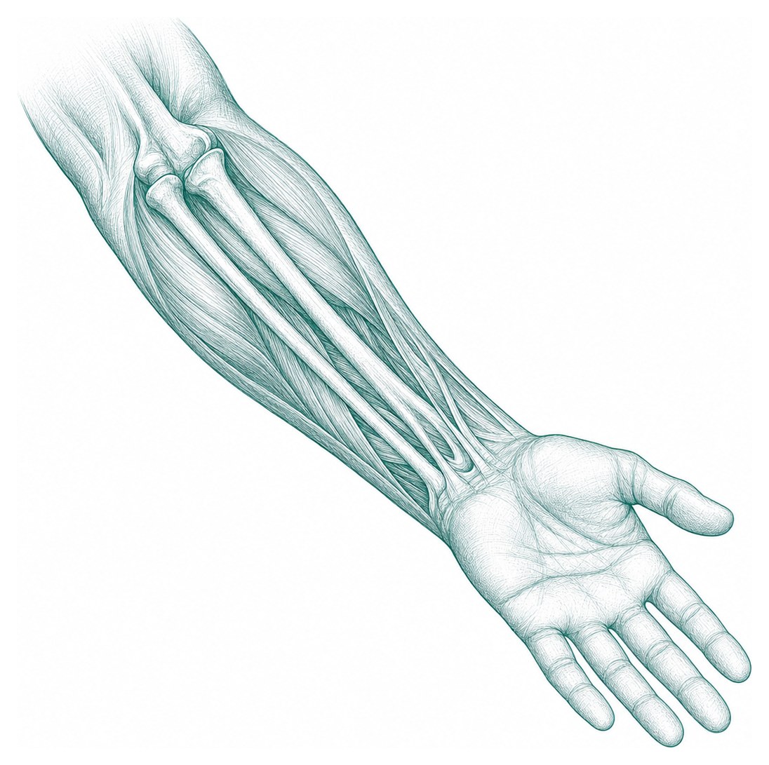 Ilustracja anatomiczna przedramienia – mięśnie i ścięgna zginaczy